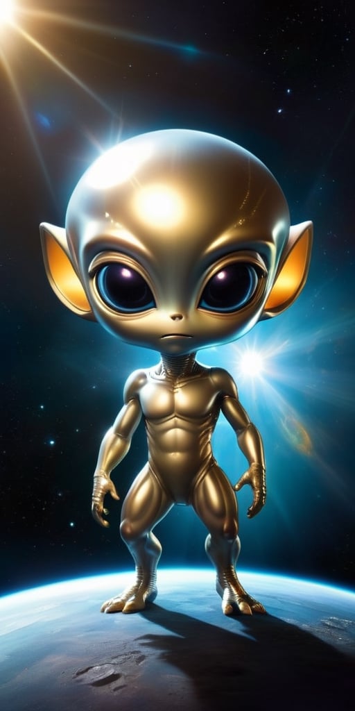 An alien infant with a smooth,  metallic skin that glints in the sunlight. It has a head that is shaped like a perfect sph...