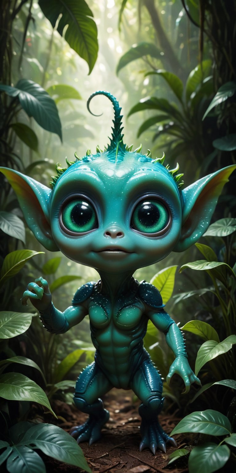 Amid the vibrant foliage of an alien jungle,  a baby alien with bright,  emerald-green skin and a small by Caption Master...