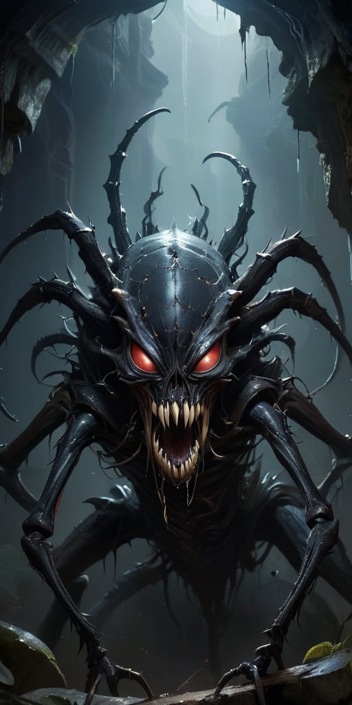 Lurking in the shadows of a crumbling,  ancient temple,  a horrifying alien creature with a spider-like body and a human-l...