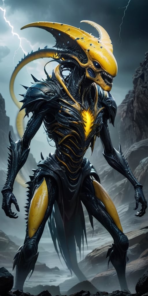 On a desolate,  windswept alien landscape,  a monstrous alien hybrid stalks its prey. Its body is covered in thick by Capt...
