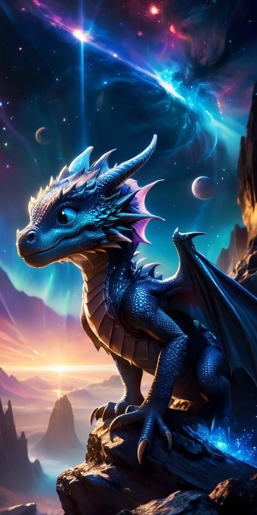 Celestial Guardians A baby dragon perches on a small asteroid, watching over a distant planet with an atmosphere filled with swirling auroras. Its scales are a deep, metallic blue, and its eyes reflect the planet's shimmering beauty.