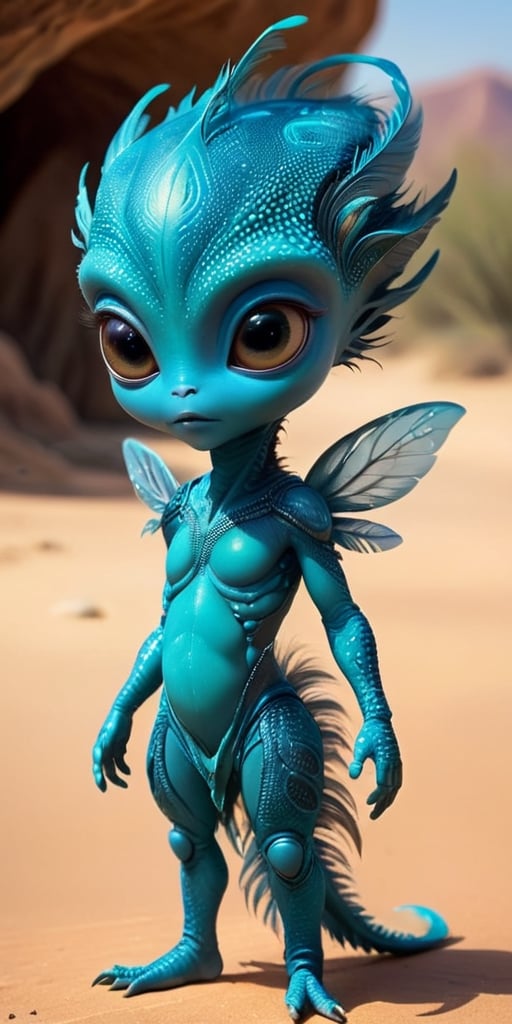 An alien infant with a body that is covered in tiny,  feather-like scales that rustle softly in the breeze. It has large,...