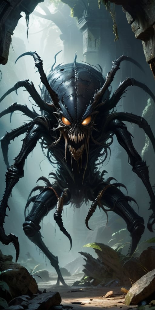 Lurking in the shadows of a crumbling,  ancient temple,  a horrifying alien creature with a spider-like body and a human-l...