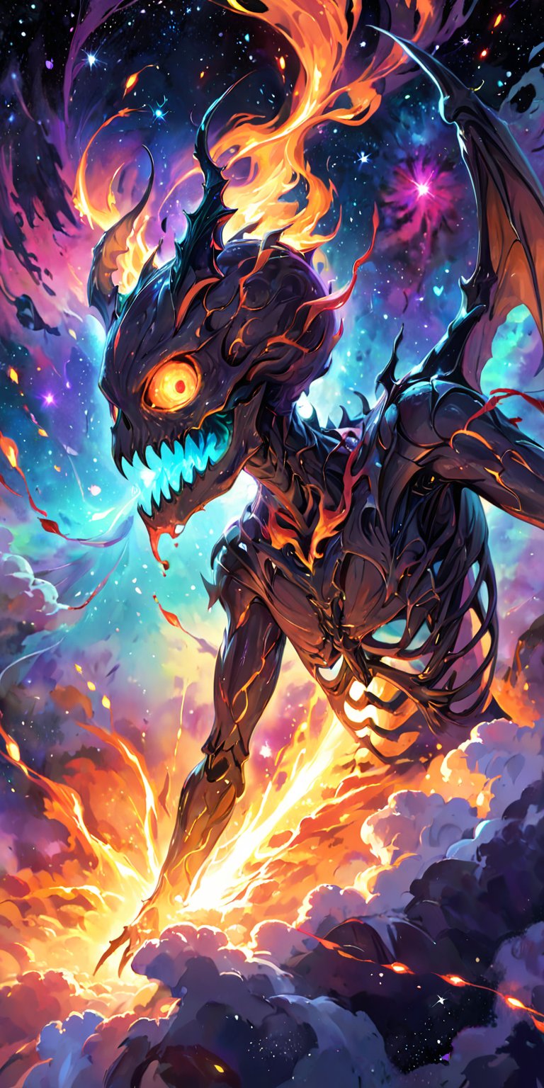 Nebula Fiend:A terrifying alien fiend with a skeletal frame and glowing,  fiery eyes,  emerging from the colorful gases of...