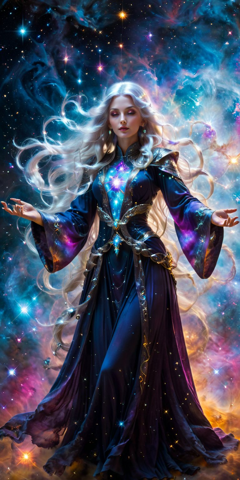 Stellar Sorceress A mesmerizing woman with long, silver hair, dressed in a flowing, ethereal robe that glows with the colors of the universe. She hovers in space, surrounded by swirling galaxies and planets, with her hands outstretched, manipulating cosmic energy.
