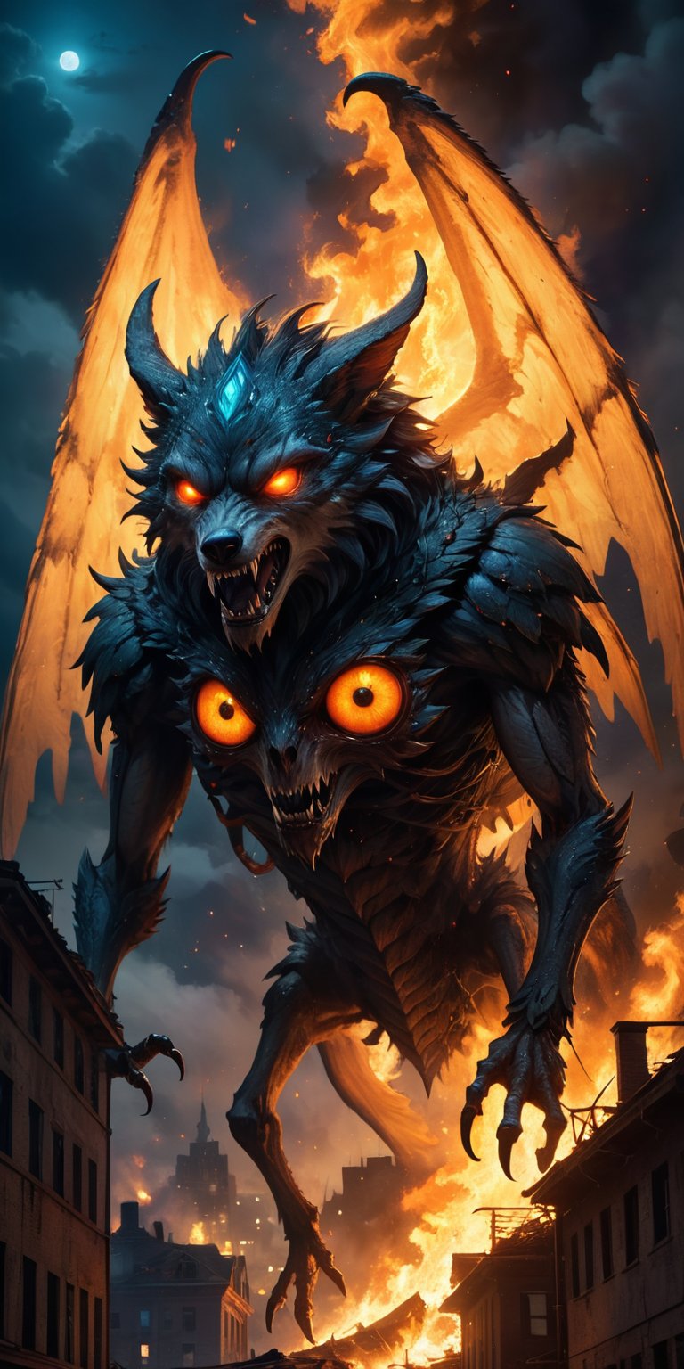 A grotesque winged creature with the head of a wolf and the body of a giant insect lands atop a burning building,  its glo...