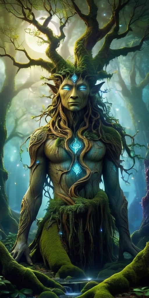 An ancient tree spirit,  its bark adorned with intricate symbols,  stands sentinel over a hidden grove bathed in moonlight...