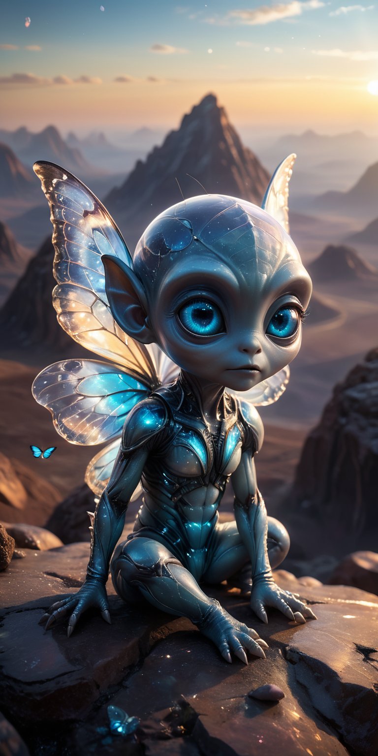 Sitting on a glowing,  crystalline ledge high above a vast alien landscape,  a baby alien with smooth by Caption Master on...