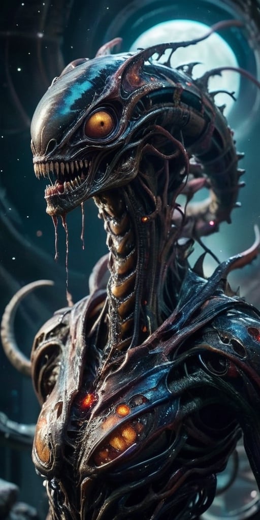 A nightmarish,  hybrid creature emerges from the shadows of a derelict spaceship,  floating in the void of space. Its body...