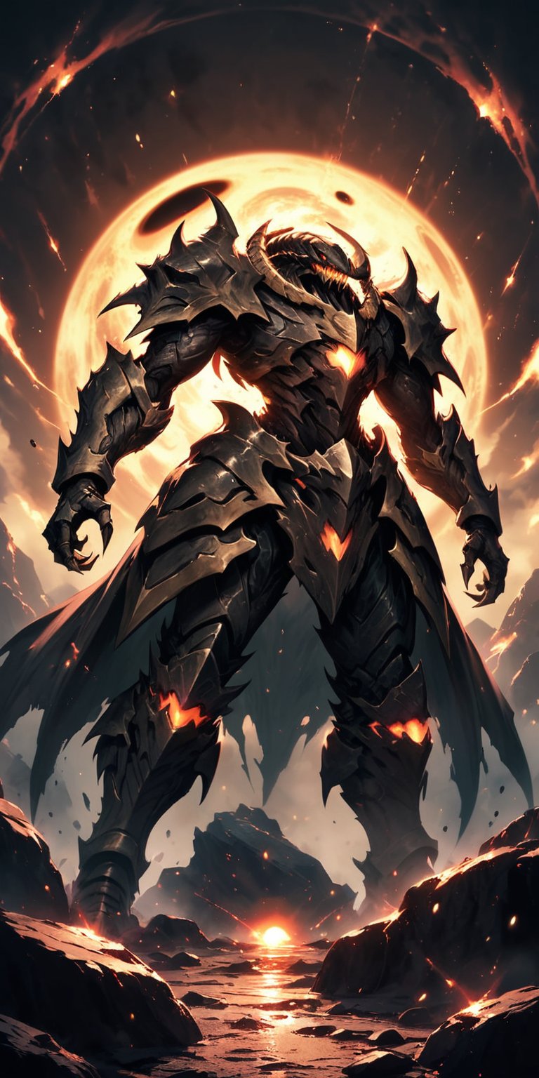 Alien Warlord:A fearsome alien warlord with armored plating and sharp,  clawed hands,  standing on a rocky outcrop in spac...