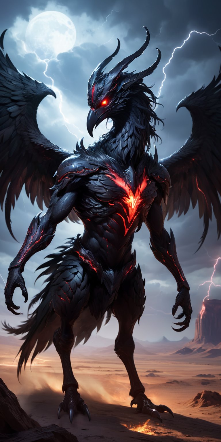 Void Walker A nightmarish creature with the body of a centaur and the head of a raven,  with glowing red eyes and a beak t...