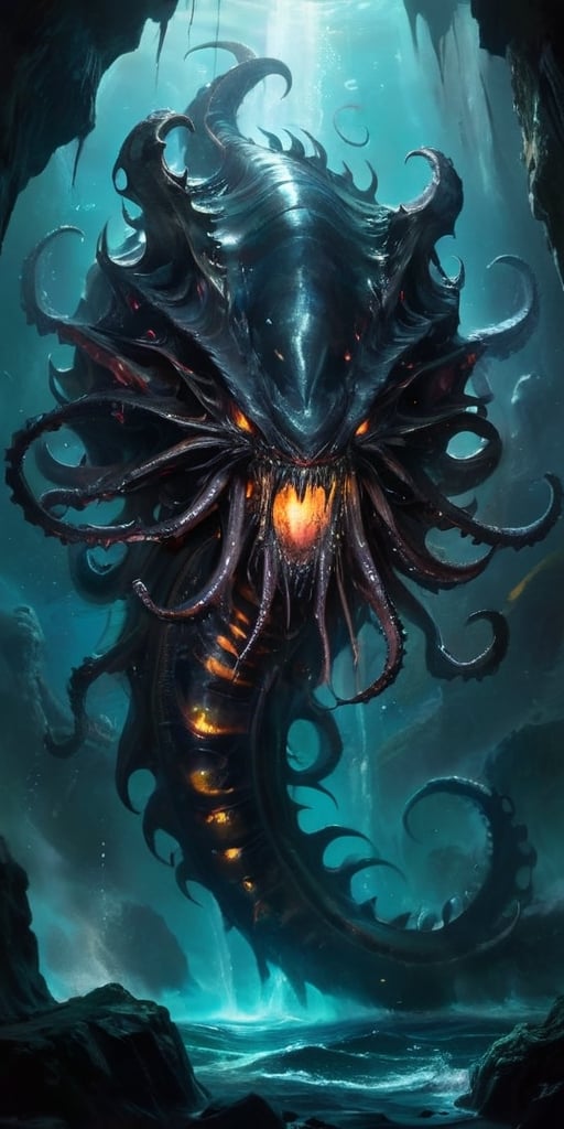 The Abyssal Leviathan Deep beneath the waves of a blackened sea,  where the waters teem with alien life forms,  swims a co...