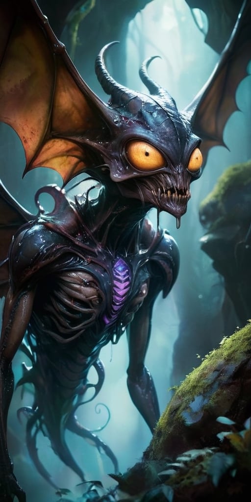 In the depths of a dark,  cavernous alien world,  a monstrous alien hybrid slithers through the shadows. Its body is a gro...