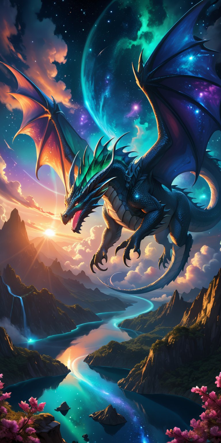 Galactic Dragon Over an Alien Planet: A dragon with emerald and sapphire scales glides above a vibrant alien world with sw...