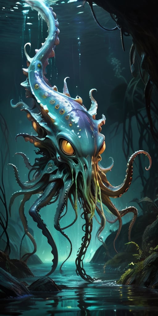 Rising from the dark waters of an alien marsh,  a nightmarish alien creature with a cephalopod-like body and reptilian lim...