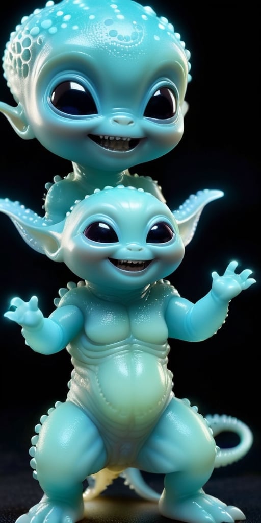 An alien infant with skin that is covered in tiny,  bioluminescent spots that glow softly in the dark. It has a round,  ch...