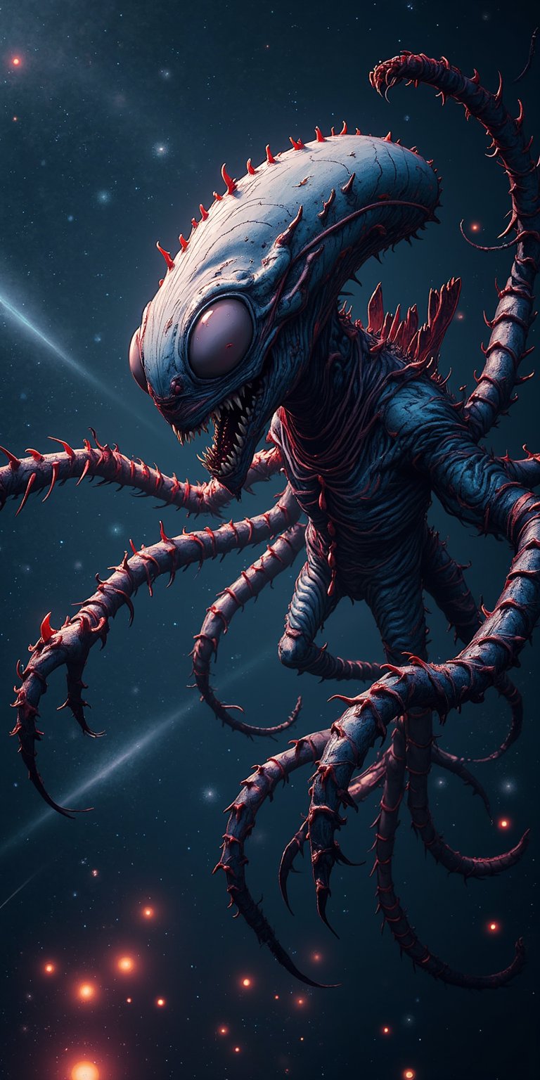 A terrifying fusion of alien and beast floating in zero gravity, its insectoid limbs covered in pulsating veins and jagged teeth as it drifts through a dark nebula.,Anime Style