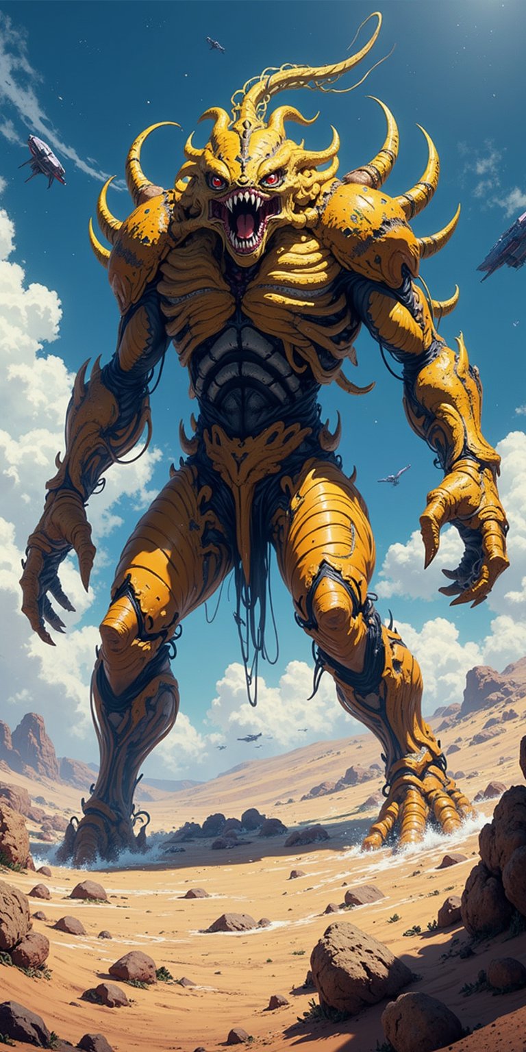 A grotesque amalgamation of alien and monster,  with four heads screeching,  its claws digging into a barren alien planet...