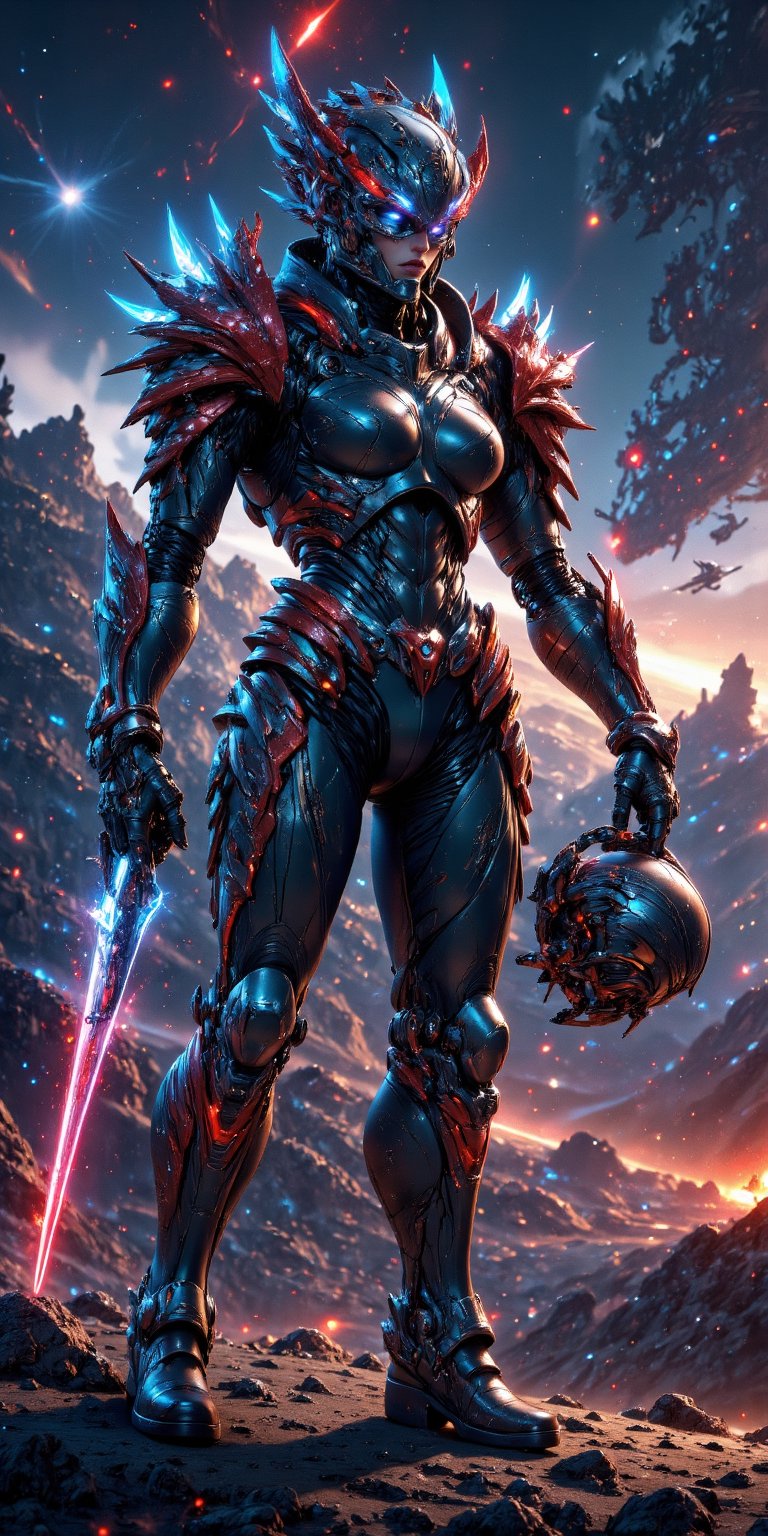Galactic Warrior A fierce woman in futuristic armor with glowing accents,  holding a plasma sword and standing on a desola...