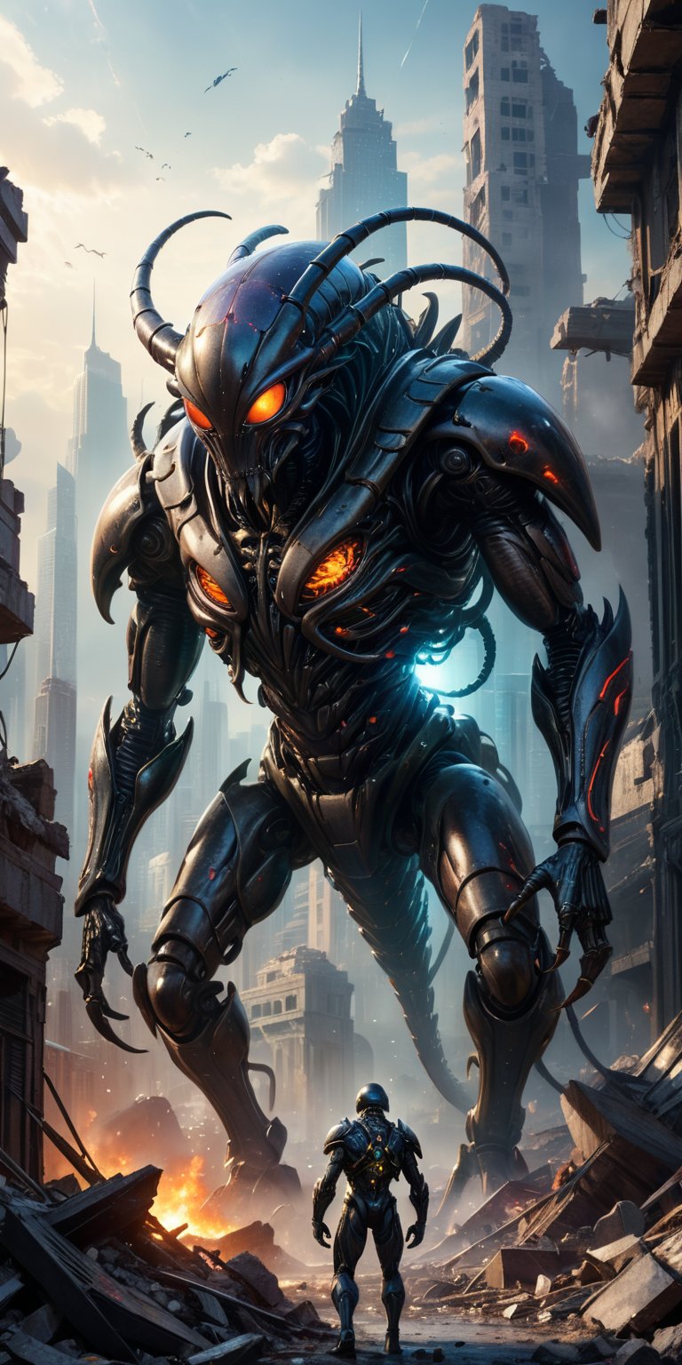 A colossal,  cyclopean alien with cybernetic enhancements stands amidst the ruins of a futuristic city. A monstrous,  meta...