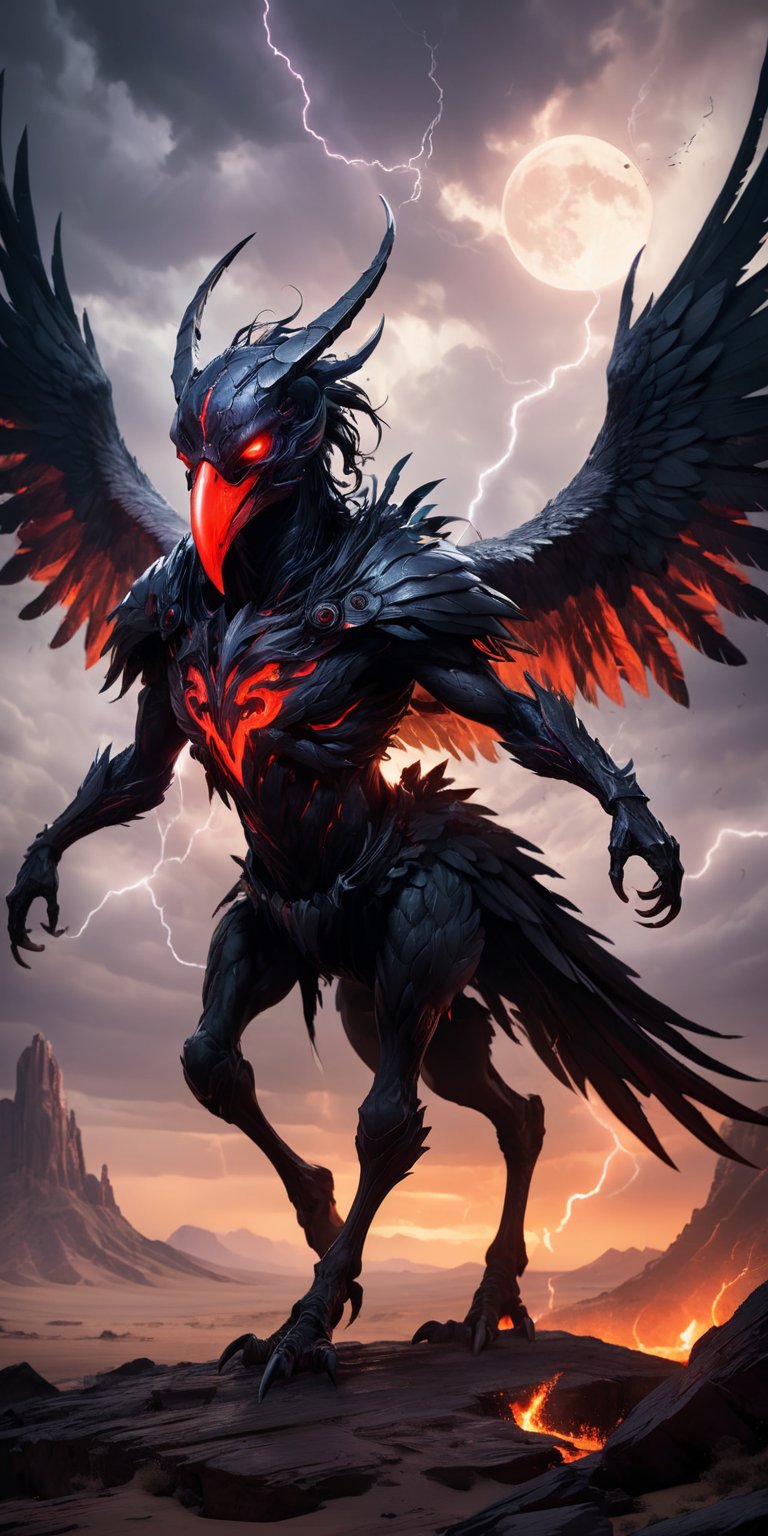 Void Walker A nightmarish creature with the body of a centaur and the head of a raven,  with glowing red eyes and a beak t...