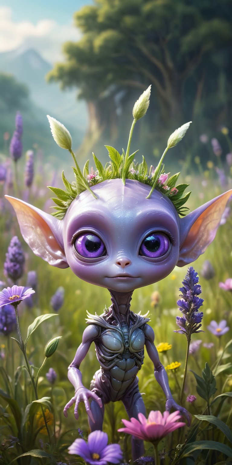 In a vibrant meadow filled with flowers that seem to hum with life,  a baby alien with smooth,  lavender skin and oversize...