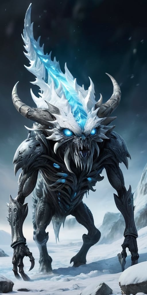 In the icy,  desolate wastelands of an alien moon,  a monstrous hybrid emerges from the frozen ground. Its body is a chill...