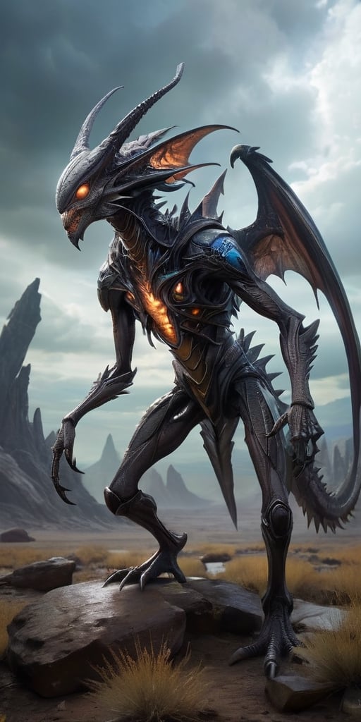 On a barren,  rocky alien planet,  a nightmarish hybrid creature prowls through a field of jagged by Caption Master on Ten...
