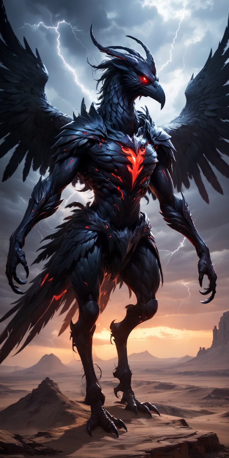 Void Walker A nightmarish creature with the body of a centaur and the head of a raven,  with glowing red eyes and a beak t...