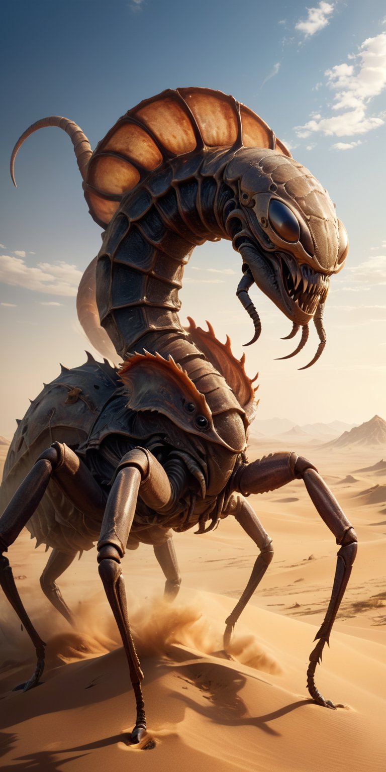 A desolate,  windswept desert stretches as far as the eye can see. A towering alien with sand-blasted carapace faces a mon...
