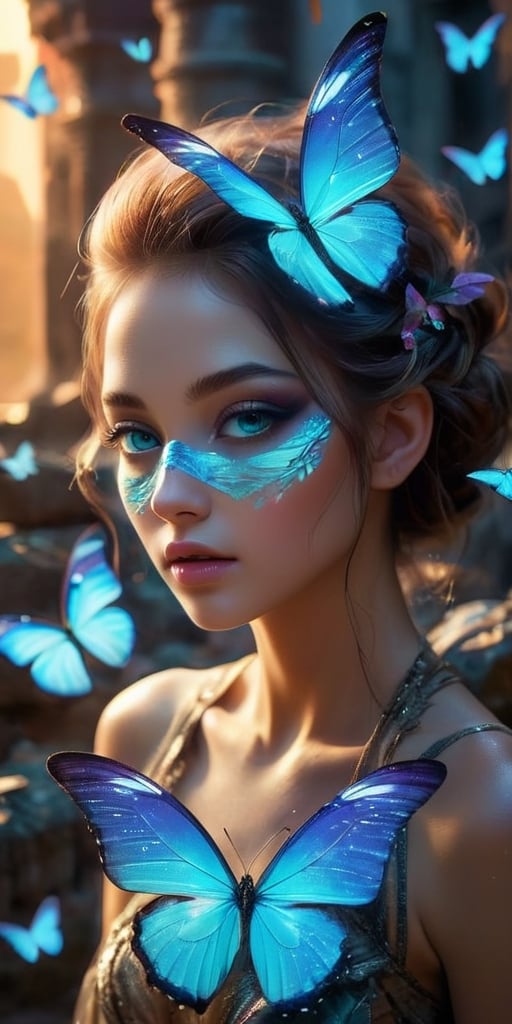 A swarm of bioluminescent butterflies with iridescent wings flutter through the ruins of an ancient alien city. Their deli...