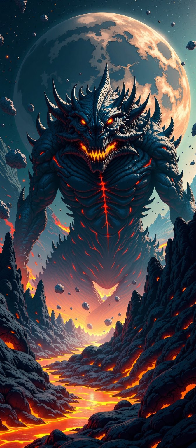 A terrifying alien beast with a warped,  jagged body and molten lava veins coursing through it,  emerging from a volcanic...