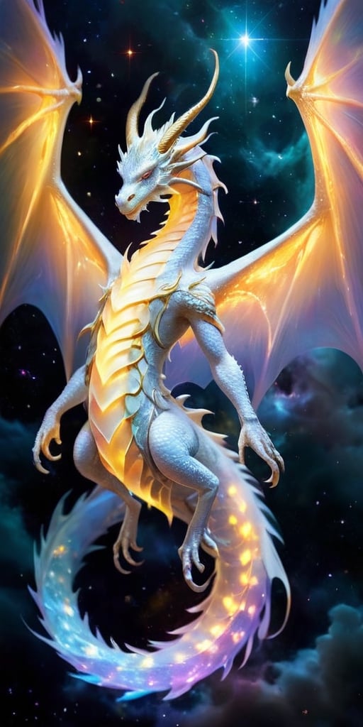 A celestial dragon,  its body a luminous pearl white,  shimmering with the light of distant stars. Its wings are expansive...