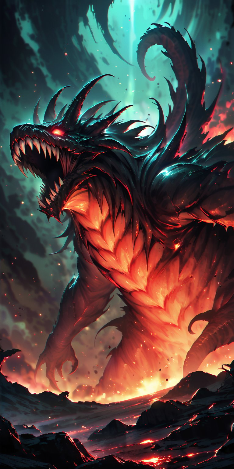 Gargantuan Alien Beast A terrifying alien monster with multiple tentacles, sharp teeth, and glowing red eyes, emerging from the dark abyss of space. The backdrop is a barren, desolate planet with distant stars shining coldly.
