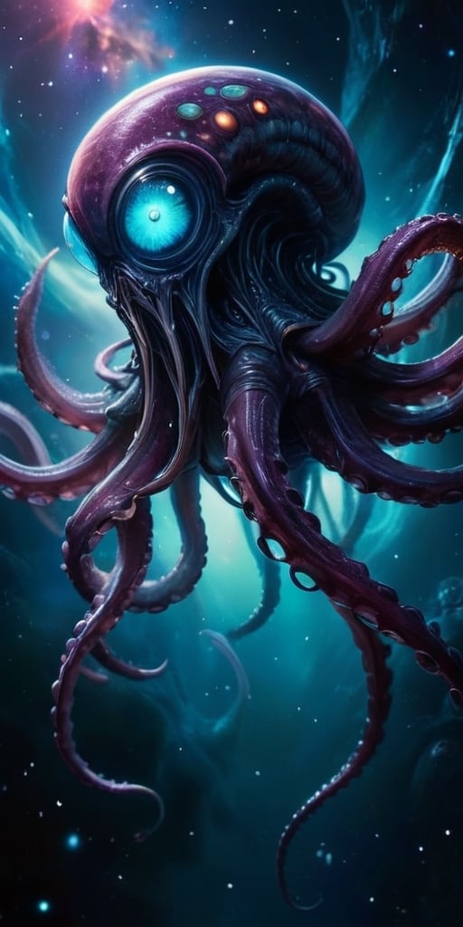 A terrifying,  alien-monster hybrid floats menacingly in the cold void of space,  its body a horrifying blend of cephalopo...