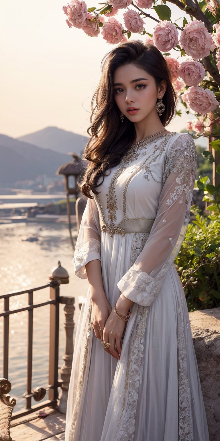 The Indian model stands at the edge of a picturesque lake,  the water reflecting the colors of the setting sun. She wears...