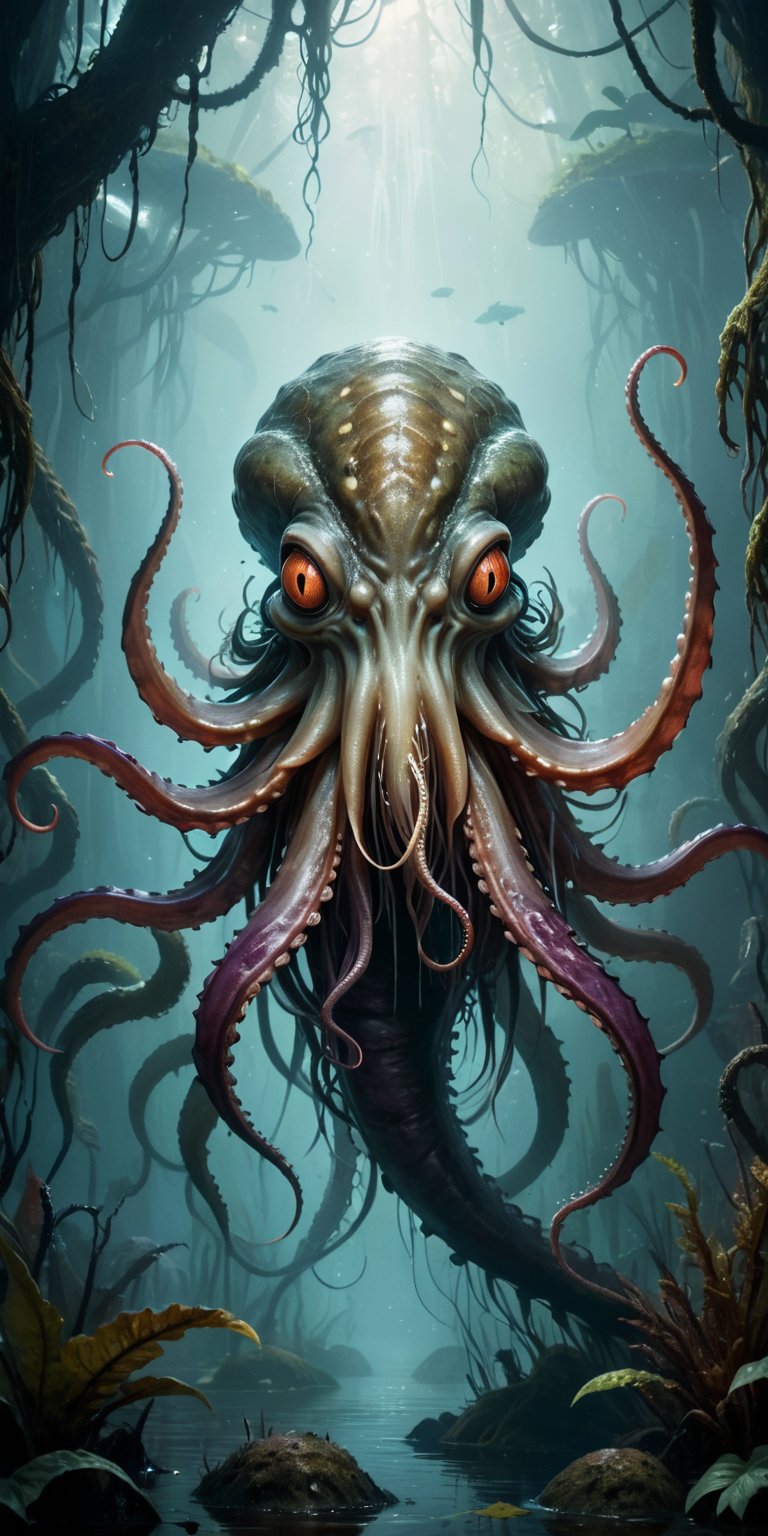 A colossal monstrosity with a reptilian hide and a squid-like head,  its numerous tentacles tipped with barbed hooks,  ris...