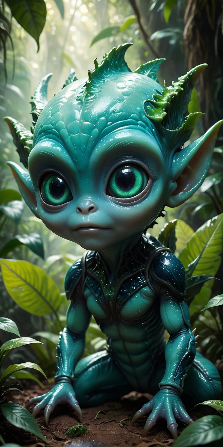 Amid the vibrant foliage of an alien jungle,  a baby alien with bright,  emerald-green skin and a small by Caption Master...