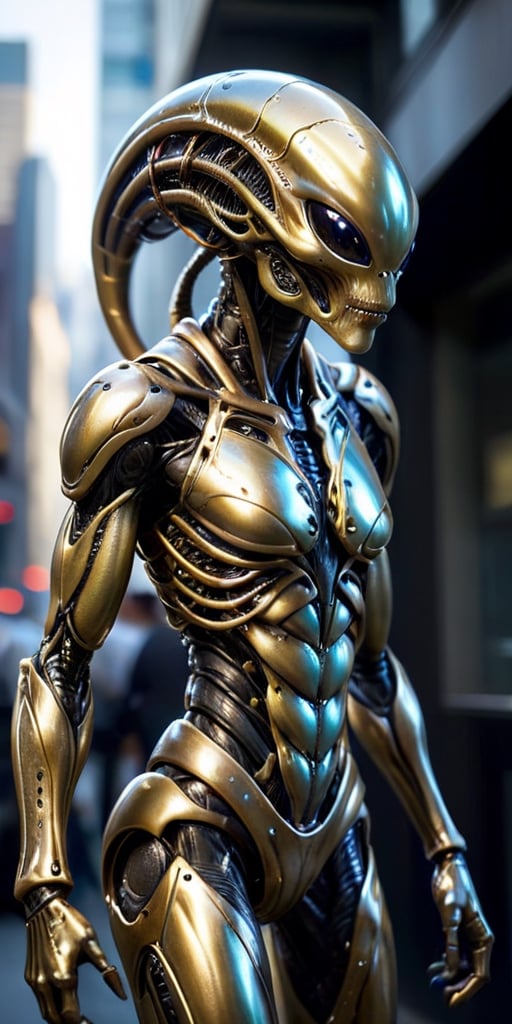 A humanoid alien with metallic skin that constantly shifts and changes colors,  camouflaging it in its surroundings. Its l...