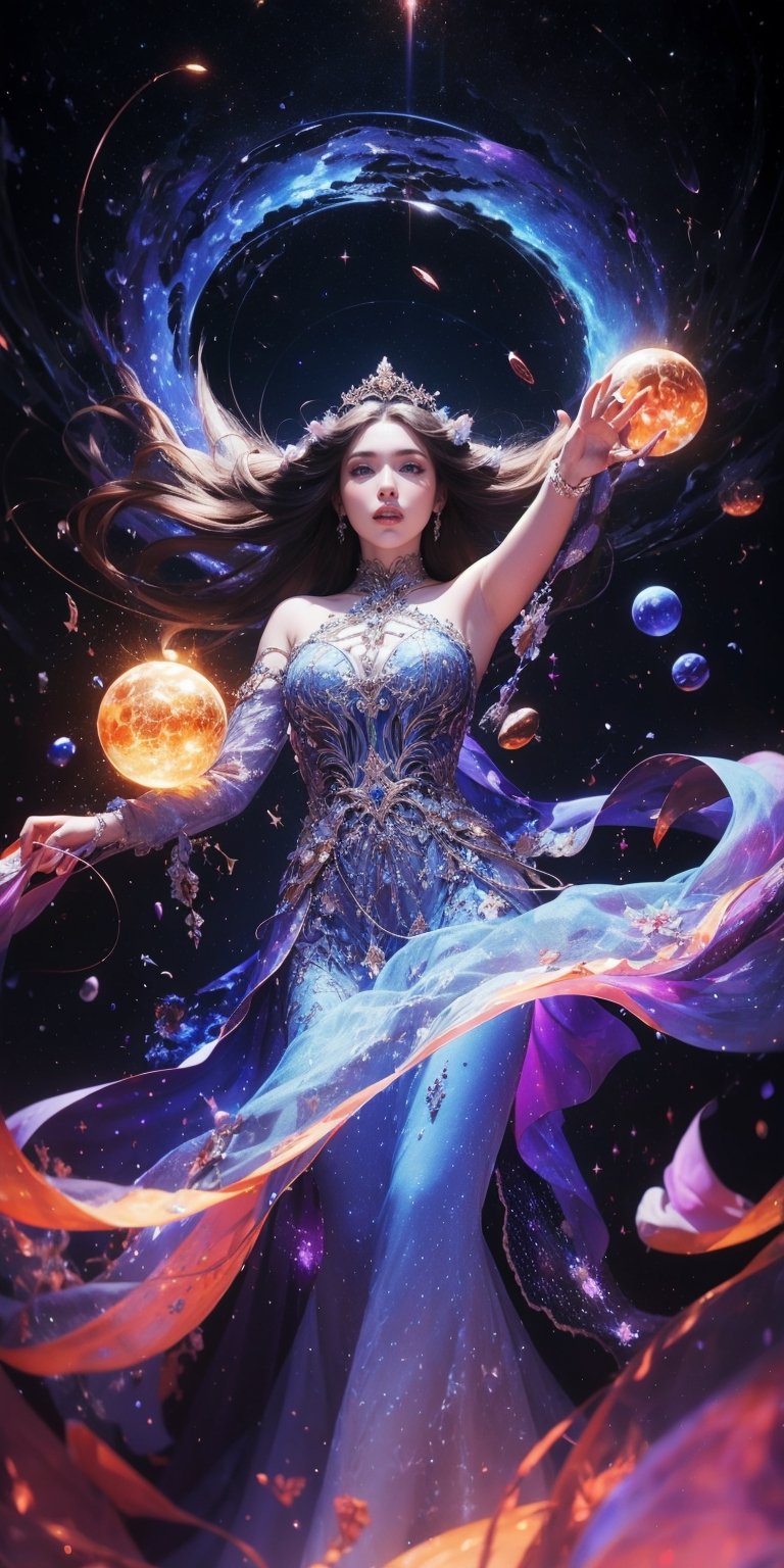 Cosmic Conductor of a Celestial Choir Soaring amidst a swirling vortex of nebulae,  her voice resonates with the primal mu...