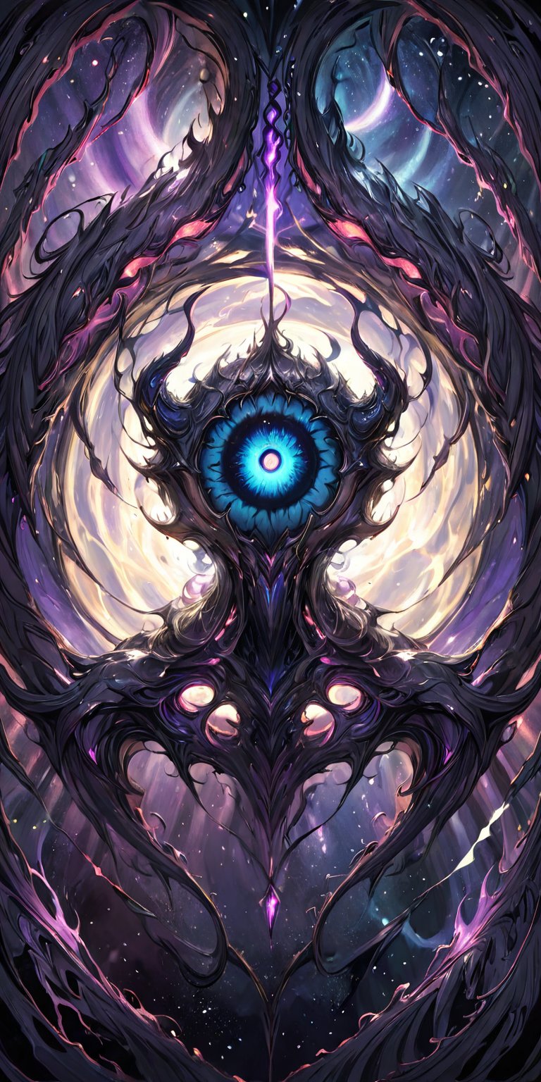 Voidborn Aberration A monstrous alien entity composed of dark, shadowy tendrils and shifting forms, with a single, giant eye at its centre. It drifts ominously near a black hole, absorbing the surrounding light and energy.
