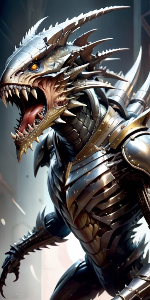A creature with a body covered in sharp,  metallic plates that clank and clang as it moves. It has a large,  gaping maw fi...