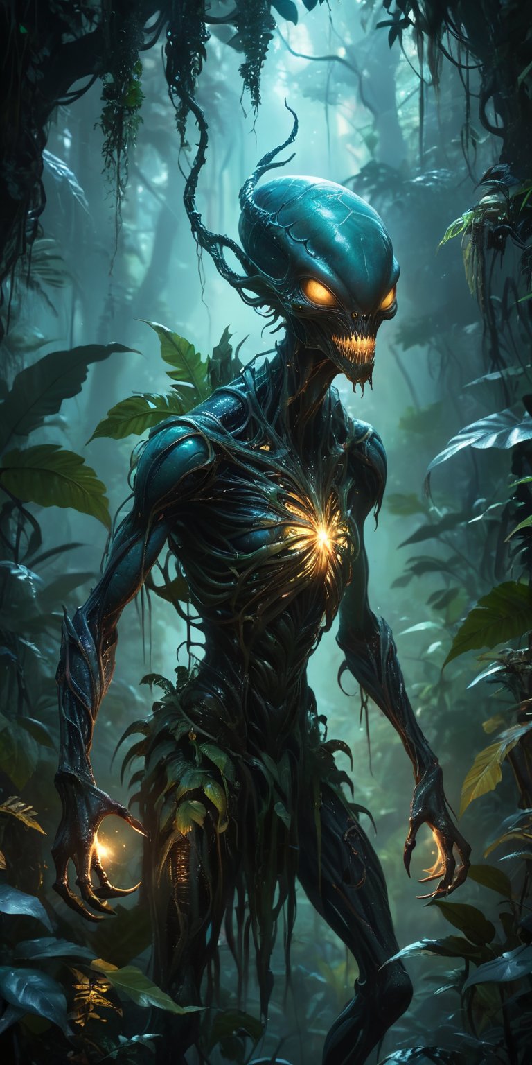 A grotesque alien being with gaping maw and spindly limbs stalks through a dense jungle,  its bioluminescent skin casting...