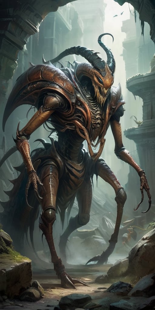 Roaming the ruins of an ancient,  alien city,  a monstrous creature with a centipede-like body and humanoid torso moves wi...