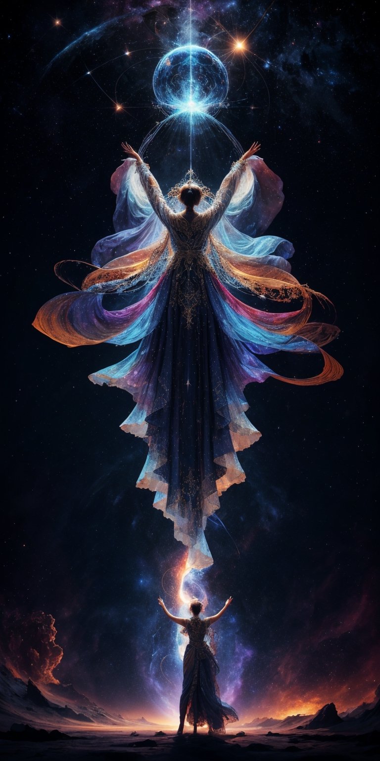 Cosmic Conductor of a Celestial Choir Soaring amidst a swirling vortex of nebulae,  her voice resonates with the primal mu...