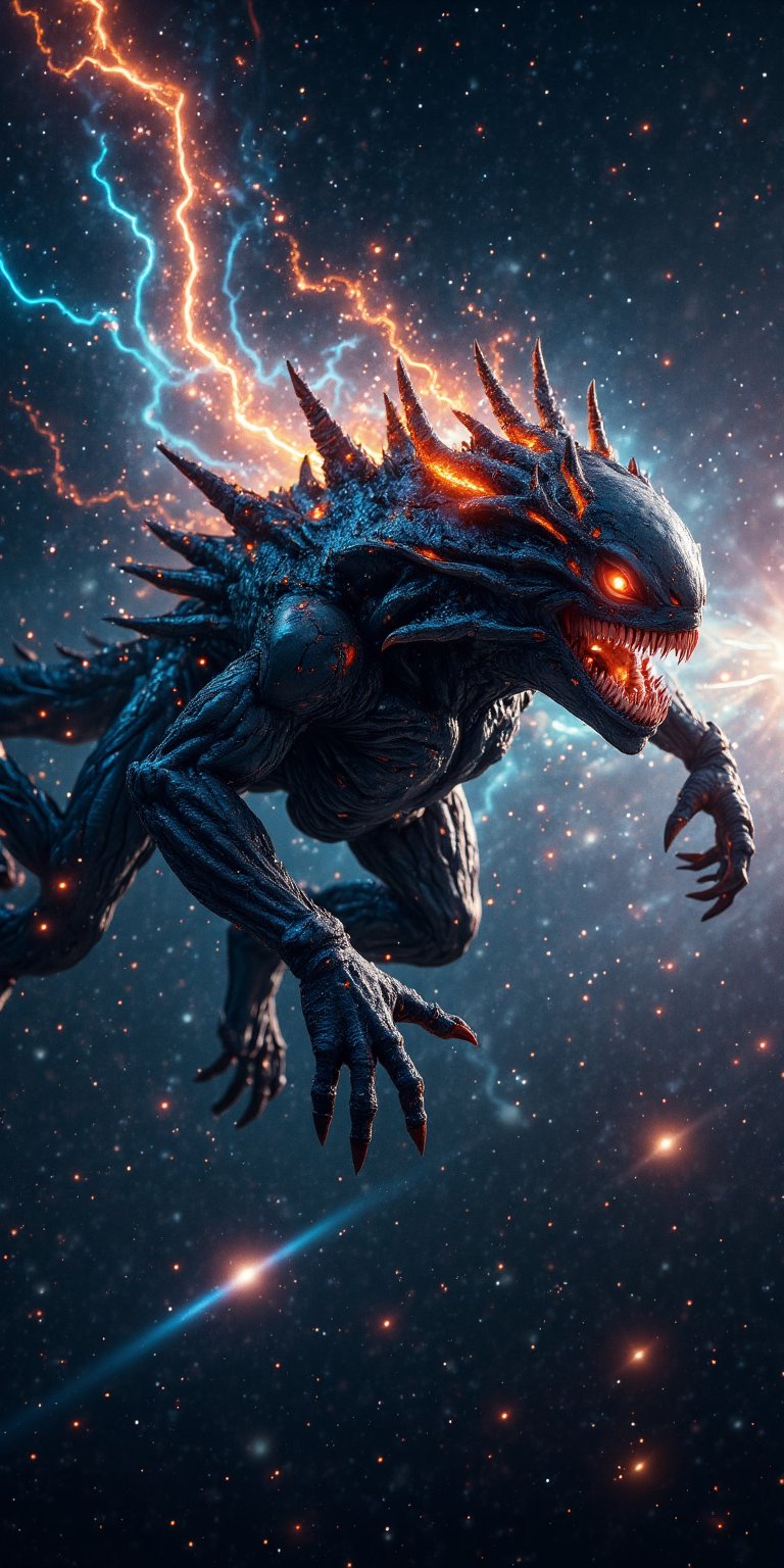 A terrifying alien beast with comet-like trails of energy emanating from its body,  racing through the starry expanse. The...