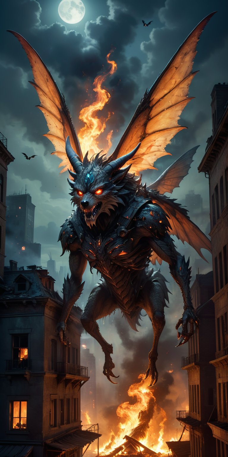 A grotesque winged creature with the head of a wolf and the body of a giant insect lands atop a burning building,  its glo...