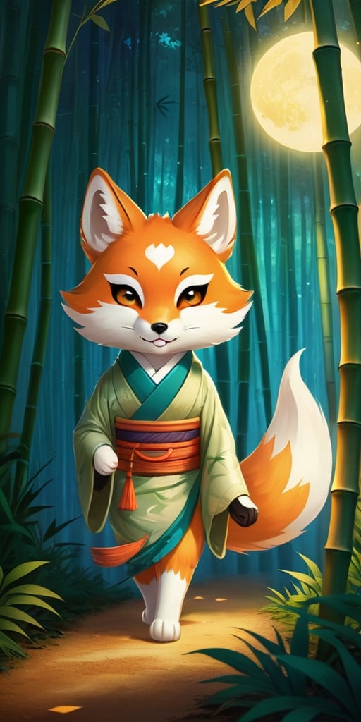 A mesmerizing kitsune with fur like spun moonlight leads a group of travelers through a bamboo forest, its playful smile masking a mischievous glint in its eyes. The forest shimmers with an otherworldly glow, casting long shadows that hint at hidden dangers and forgotten magic.
 
