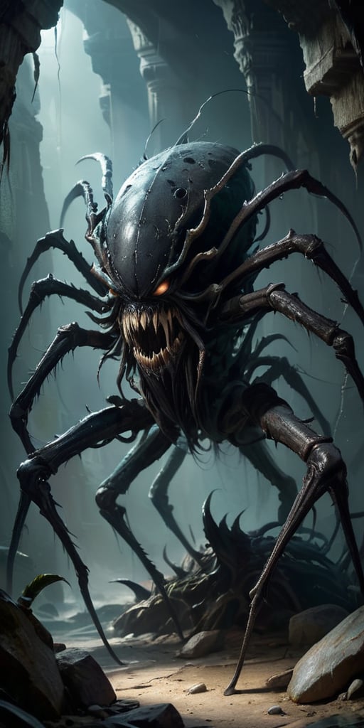 Lurking in the shadows of a crumbling,  ancient temple,  a horrifying alien creature with a spider-like body and a human-l...