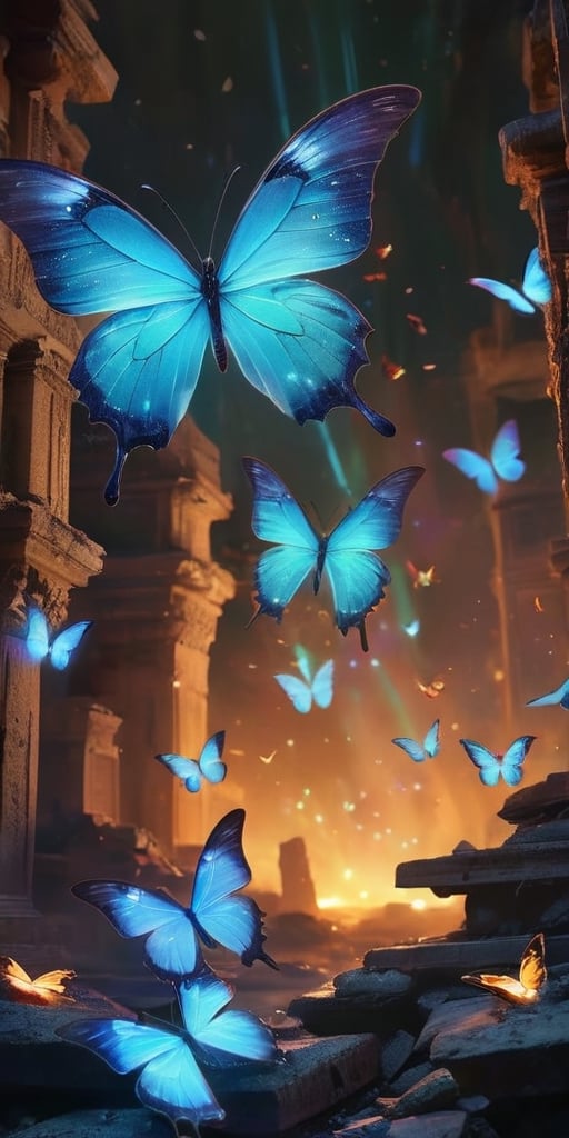 A swarm of bioluminescent butterflies with iridescent wings flutter through the ruins of an ancient alien city. Their deli...